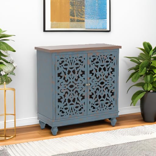 Sophia & William Accent Cabinet with 2 Doors, Distressed Storage Cabinet with Wood Frame and Hollow-Carved Door for Entryway Living Room, Blue