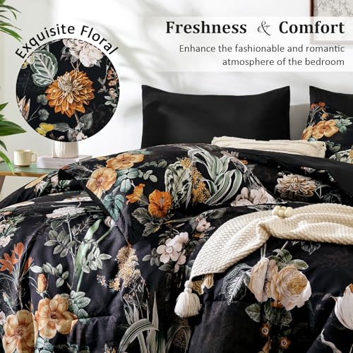 WONGS BEDDING Black Comforter Set Queen, 7 Pieces Bed in a Bag Botanical Floral Comforter Bedding Set, Soft Microfiber Comforter with Flat Sheet, Fitted Sheet, Pillow Shams, Pillowcases WONGS BEDDING