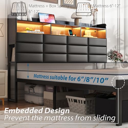 Etditrnp King Bed Frame with Storage Headboard, Upholstered Black Bed Frame with 4 Drawers, LED Lights, and Charging Station, Heavy-Duty Metal Slats Support, Noise-Free Etditrnp