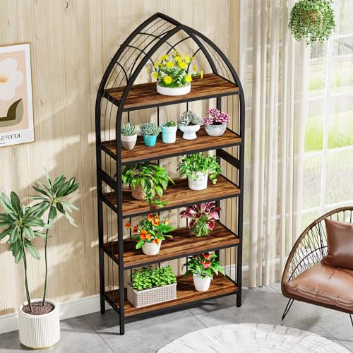 Tribesigns Rustic Brown & Black 74.8-Inch 5-Tier Industrial Curved Bookshelf Set of 2 - WoodArtSupply