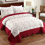 Oliven 3 Pcs Embroidered Quilt Full/Queen Size Floral Bedspread Soft Breathable Flower Coverlet Burgundy White Bed Cover Embroidered Bedding Christmas Bed Home Decor Oliven