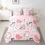 7-Piece Cute Cat Bedding King Size Cartoon Animal Bed in a Bag, Kawaii Kitten Comforter Set for Kids Boys Girls Pet Themed Comforter, Fitted Sheet, Top Sheet, Pillowcases and Throw Pillow Covers, Pink Erosebridal