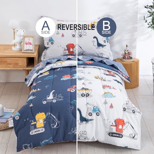 DJY Cotton Twin Bedding Set, Dinosaur Cars Reversible Twin Comforter Set for Kids Boys Girls, 4 Pieces Bed in a Bag Includes Quilted Comforter, Flat Sheet, Fitted Sheet and Pillowcase DJY