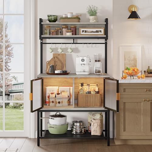 Bestier Retro Grey Oak 5-Tier Multifunctional Bakers Rack with Storage Cabinet & LED Light Bestier