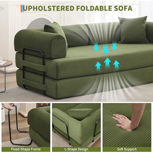 IDEALHOUSE 4 in 1 Convertible Sleeper Sofa Bed Couch, 79 Inch Boneless Corduroy Floor Couch with Pillows, No Assembly, Modern Deep Seat Sofa Futon Mattress for Living Room,Apartment,Green IDEALHOUSE