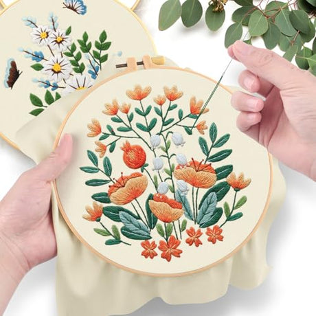 ERKOON 5 Sets Embroidery Kit for Beginners, Butterfly Cross Stitch Set for Include Embroidery Cloth Hoops Threads for Craft Lover Hand Stitch (Bouquet) ERKOON