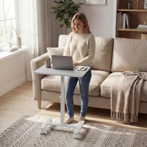 WINAZ Small White Standing Rolling Desk - 24 Inch Portable Mobile Stand Up Kids Desk Adjustable Height with Wheels for Small Spaces, Couch Laptop Desks Side End Table for Home Office, White WINAZ