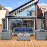 Lviden 4 Piece Wicker Patio Furniture Sets Outdoor Conversation Set PE Rattan Sectional Sofa Couch with Storage Table and Royal Blue Cushions Lviden