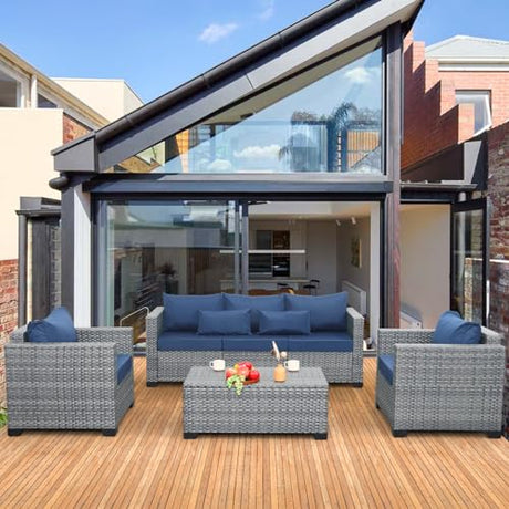 Lviden 4 Piece Wicker Patio Furniture Sets Outdoor Conversation Set PE Rattan Sectional Sofa Couch with Storage Table and Royal Blue Cushions Lviden