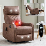 High Back Massage Recliner with Heat - Swivel Rocking Chair for Small Spaces, Manual Lazy Boy Recliner for Adults, Perfect for Living Room & Bedroom, Soft Fabric (Brown)