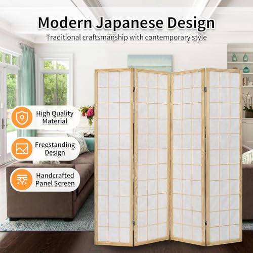 ZFFURN 4 Panel Room Divider, 5.6Ft Japanese Shoji Style Folding Privacy Screen, Decorative Room Divider Panel, Portable Freestanding Room Partition for Home, Office, Bedroom (White) ZFFURN