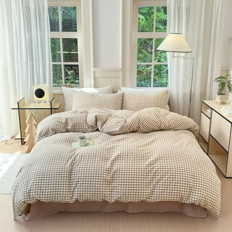 LifeTB Tan Gingham Comforter Set Twin XL Modern Style Beige Plaid Comforter Set 3 Pieces Soft Fluffy Grid Checkered Pattern Comforter with 2 Pillowcases Farmhouse Gingham Bedding Set Twin XL LifeTB