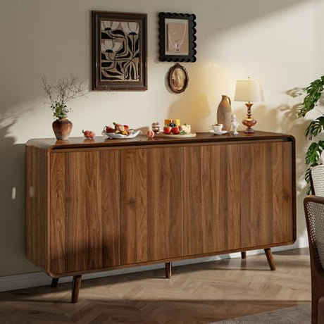 Nasonet Mid Century Modern Buffet Cabinet with Storage, 55 Inch Sideboard Credenza with Doors & Shelves Console Coffee Bar Table for Living Room, Kitchen, Dining Room and Hallway, Walnut Nasonet