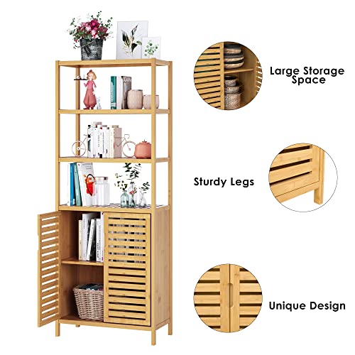 HIFIT Bamboo Tall Storage Cabinet with 2 Doors and 3 Tiers for Bathroom and Home Organisation HIFIT
