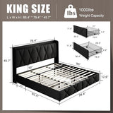 Einhomn King Size Bed Frame with 4 Storage Drawers and Charging Station, Upholstered Platform Bed Frame with Storage Headboard, No Box Spring Needed, Easy Assembly, Black Einhomn