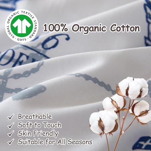 Simple&Opulence 100% Organic Cotton Duvet Cover for Kids Teens,3 Pieces Soft Cartoon Comforter Cover with Zipper Closure, Boys Bedding Set with Sailboat Pattern,Twin Simple&Opulence