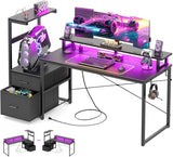 Aheaplus Gaming Desk with LED Strip & Power Outlet, 59Inch Reversible Computer Desk with Monitor Stand & Storage Shelves, Home Office Desks with Fabric File Drawer, PC Gamer Table, Carbon Fiber Black Aheaplus