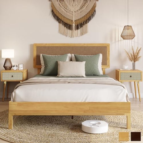 Bme Nipe 14 Inch Bohemian Queen Bed Frame with Adjustable Woven Headboard in Natural Acacia Wood Bme