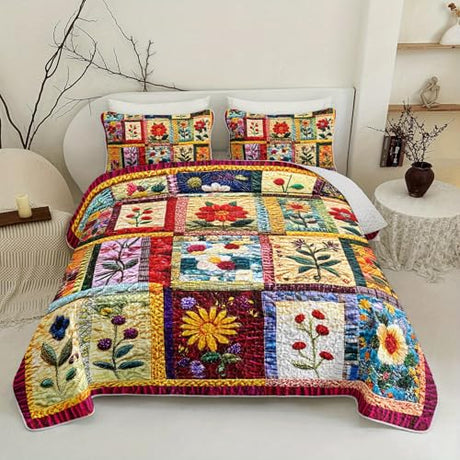 Tuzaovy Colorful Floral Patchwork Quilt Set Twin Size for Teens Adult Bedroom Decor,Floral Lightweight Bedspread Sets Twin Bedding,Bohemian Bed Cover Soft for Boys and Girls Room Decor Tuzaovy