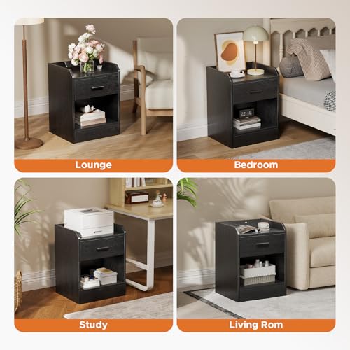 Lazzanto Nightstand with Hidden Drawer & Charging Station, Modern Bedside Table with Storage Drawer and Hidden Compartment, for Bedroom, AC Outlets, USB-A & USB-C Ports, Black Lazzanto