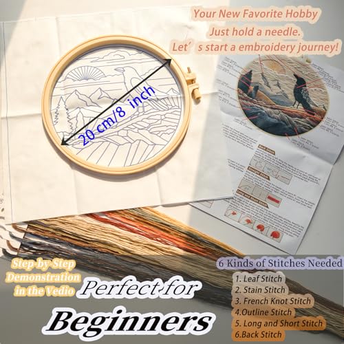 FONNUY Embroidery Kit, Featuring Crow and Landscape Patterns, Cross Stitch Kits for Both Adults and Beginners, Handmade Crafts Printed Pattern Set, Color Thread Needlework, 8'' Hoop (Fearless Bird)