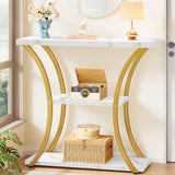 Hoctieon 3 Tier Console Table with Open Wood Shelves, Decorative Entryway Table with Curved Metal Frames, Narrow Sofa Table for Entrance, Living Room, Hallway, Gold and White Marbled Hoctieon