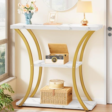 Hoctieon 3 Tier Console Table with Open Wood Shelves, Decorative Entryway Table with Curved Metal Frames, Narrow Sofa Table for Entrance, Living Room, Hallway, Gold and White Marbled Hoctieon