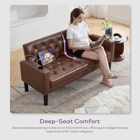 TYBOATLE 62" W Brown Leather Loveseat w/ 2 USB and 2 Cupholders, Mid-Century Modern Tufted Small Love Seat Couches for Office, Living Room, Bedroom, Dorm (1, Brown) TYBOATLE