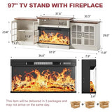 OneBlis 97" Fireplace TV Stand with 36" Electric Fireplace, Farmhouse Entertainment Center for TVs up to 100", Media Console Table with Large Storage Cabinets, for Living Room, White OneBlis