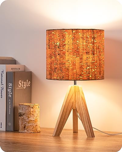 EDISHINE Small Table Lamp, Wooden Tripod Nightstand Lamp with Bark Linen Shade, Farmhouse Bedside Lamp for Nursery, Bedroom, Kids Room, Office, Reading Desk, 14.2 Inch, E26 Socket, ON/Off Switch