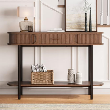 ONBRILL 47 Inch Fluted Console Table with Drawers, Entryway Table with Storage, Oval Sofa Tables Behind Couch, Mid-Century Modern Hallway Tables for Entryway, Hallway, Small Spaces, Walnut ONBRILL