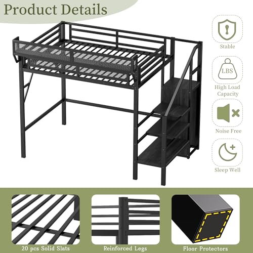 Mirightone Twin XL Size Loft Bed with Stairs and Storage, Metal Loft Bed Frame with A Shelf and Large Under-Bed Space, Heavy-Duty Loft Beds for Kids Boys Girls Teens, Black Mirightone