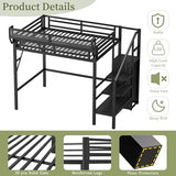 Mirightone Twin XL Size Loft Bed with Stairs and Storage, Metal Loft Bed Frame with A Shelf and Large Under-Bed Space, Heavy-Duty Loft Beds for Kids Boys Girls Teens, Black Mirightone