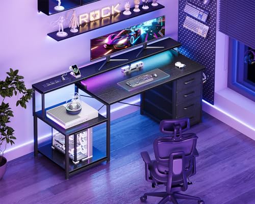 ODK 55 Inch Computer Gaming Desk with Power Outlets & 4 Drawers, Home Office Desk with Monitor Stand & Printer Shelves, Black ODK