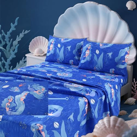 MAG 4Pcs Mermaid Full Size Sheet Sets,Blue Ocean Sheets,Kids’ Microfiber Bedding Sheet Set 1 Fitted Sheet 14''Deep Pocket +1 Flat Sheet+2 Pillowcases for Toddler Boys and Girls,Breathable and Wrinkle. MAG