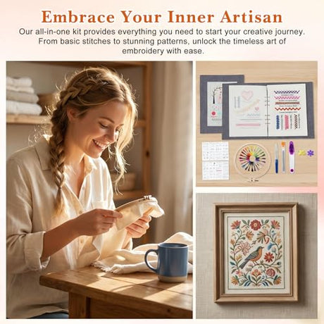 Tofficu 2026 Upgraded Embroidery Stitch Book - 180 Patterns Embroidery Starter Practice Book, Beginner Cross Stitch Supplies Kit with 6-Ring Binder 24-Color Threads & Tools for Adults DIY Craft Gift Tofficu