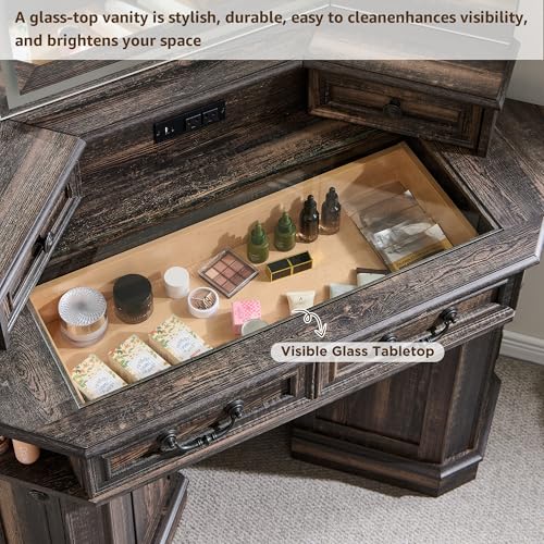 T4TREAM Makeup Vanity Desk 48" with 3 Way Mirror and Lights, Large Farmhouse Corner Vanity Dressing Table with Glass Top & Charging Station, 3 Drawers & 2 Storage Cabinets, Dark Rustic Oak T4TREAM