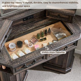 T4TREAM Makeup Vanity Desk 48" with 3 Way Mirror and Lights, Large Farmhouse Corner Vanity Dressing Table with Glass Top & Charging Station, 3 Drawers & 2 Storage Cabinets, Dark Rustic Oak T4TREAM