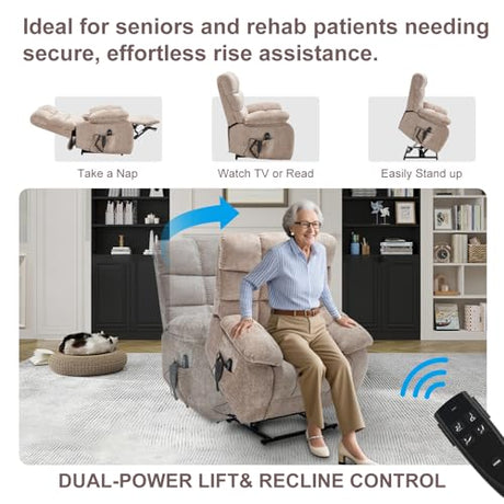 RHHVVR Oversized Power Lift Recliner Chair for Elderly, Dual Motor Lay Flat Recliner Big Chair with Massage and Heating, Chenille Electric Recliner Chairs for Living Room, Medium-Firm, Beige RHHVVR
