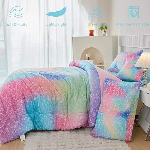 PERFEMET Pink Green Girls Twin Comforter Set, 6 Pieces Colorful Rainbow Kids Bedding Sets, Tie Dye Ombre Glitter Bed in A Bag Comforter Set with Sheets PERFEMET