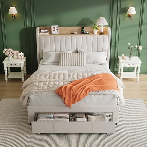 GarveeHome Upholstered Bed Frame with Storage Headboard and Charging Station, Platform Bed Frame with Drawers, Heavy Duty, No Box Spring Needed, Easy Assembly, Beige, Queen Size GarveeHome