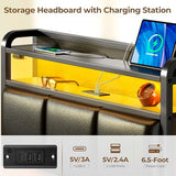 Rolanstar Bed Frame Twin Size with Charging Station and LED Lights, PU Leather Headboard with Storage Shelves, Heavy Duty Metal Slats, No Box Spring Need, Noise Free, Easy Assembly, Black Rolanstar