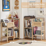 LELELINKY Record Player Stand, Natural Oak Wood Record Holder with Vinyl Storage Holds up to 300+ Albums, 3-Tier Rattan Media Table with Vinyl Display Shelf, Record Storage Cabinet for Living Room LELELINKY