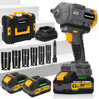 AwxryoX 1300Nm Cordless Impact Wrench, 1/2" 960Ft-lbs Brushless Heavy Duty Impact Gun with 2 X 4.0Ah Battery 6 Sockets 5"Extension Bar, Eléctrica Pistola De Impacto for Heavy Equipment & Truc - WoodArtSupply