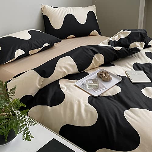 LAYENJOY Geometric Duvet Cover Set Twin, 100% Cotton Bedding, Cream White Black Cows Pattern Printed, Modern Comforter Cover for Single Bed, 3 Piece No Comforter LAYENJOY