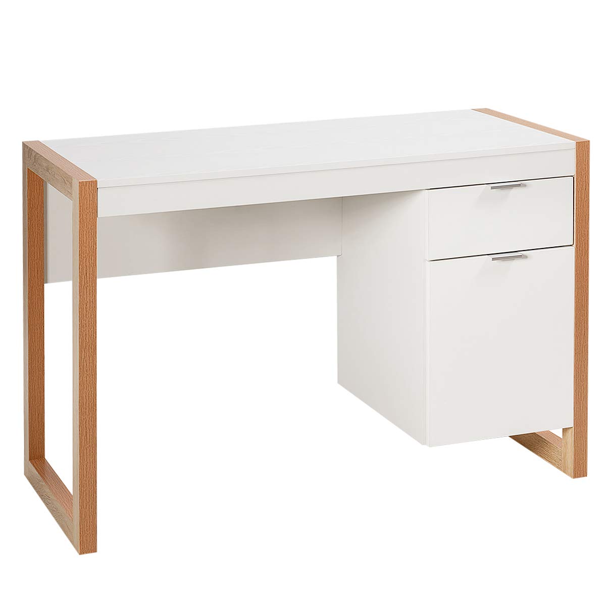 Tangkula White Desk with Drawer & Cabinet, Wooden Home Office Desk, PC Laptop Workstation Study Writing Desk, Ideal for Bedroom Home Office (White & Natural) Tangkula