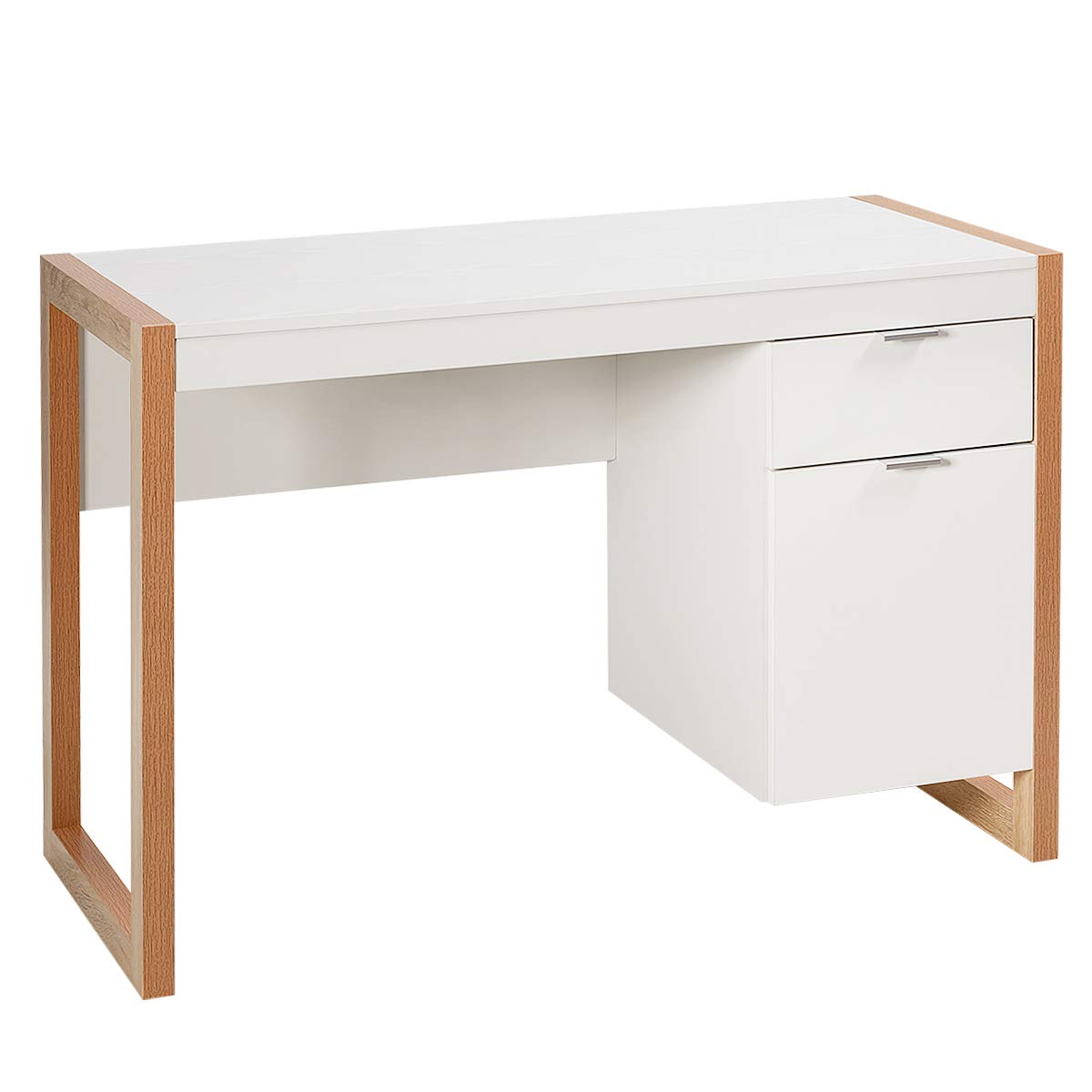 Tangkula White Desk with Drawer & Cabinet, Wooden Home Office Desk, PC Laptop Workstation Study Writing Desk, Ideal for Bedroom Home Office (White & Natural) - WoodArtSupply