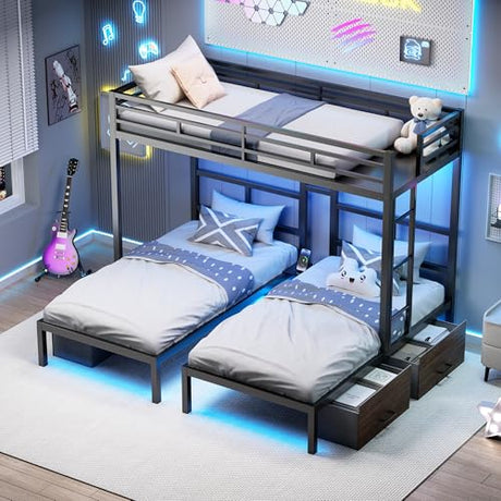 PVWIIK Heavy-Duty Triple Bunk Bed with 2 Storage Drawers & USB Charging Station,LED Triple Bunk Bed Frame with Built-in Ladder & Full-Length Guardrails,Easy to Assemble,Space Saving, Black PVWIIK
