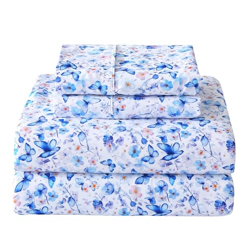 Softan Twin Floral Sheets, Microfiber Blue Flower Printed Fitted Sheets with Non-Slip Corner Straps and 15" Deep Pocket, Butterfly Patterned Cozy Bed Sheets, Single Sheets & Pillowcase Sets Softan