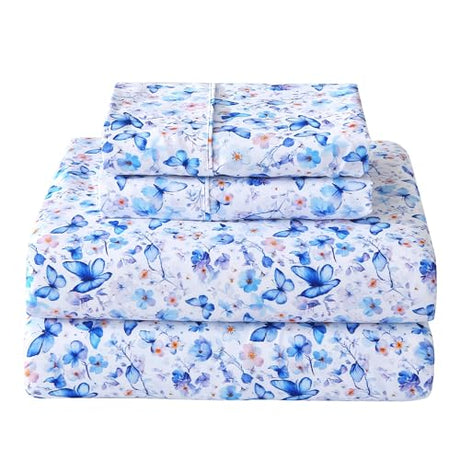 Softan Twin Floral Sheets, Microfiber Blue Flower Printed Fitted Sheets with Non-Slip Corner Straps and 15" Deep Pocket, Butterfly Patterned Cozy Bed Sheets, Single Sheets & Pillowcase Sets Softan